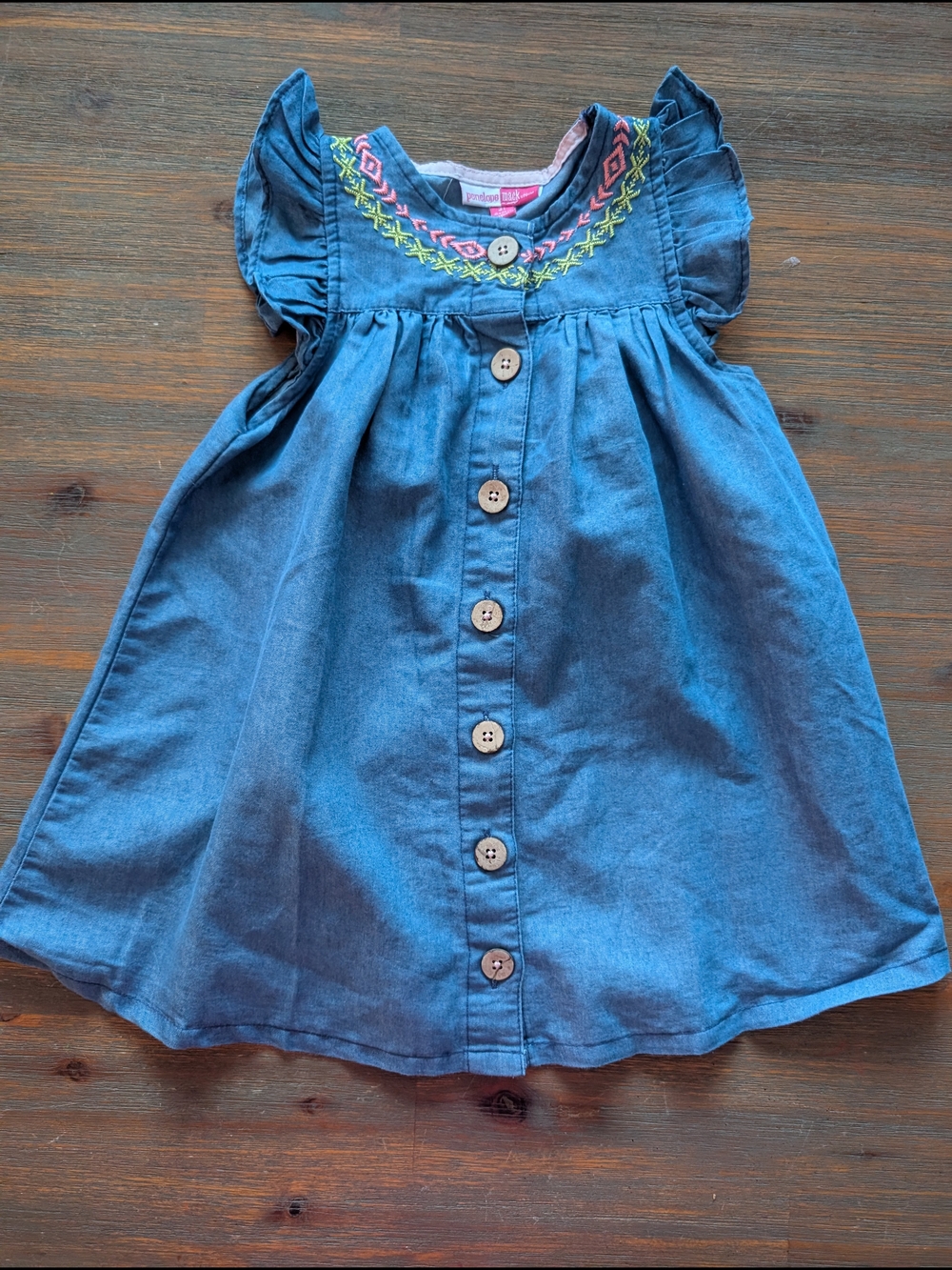 Penelope Mack Blue Chambray Button-Front Dress with Embroidered Yoke